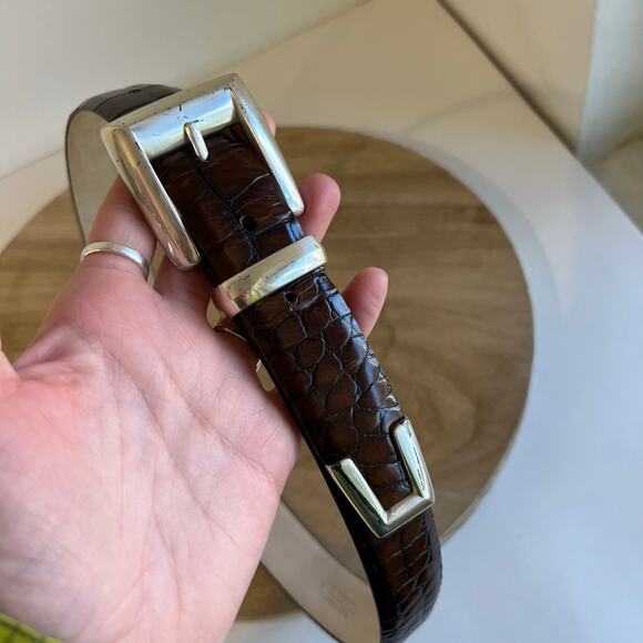 Fossil Brown Embossed Croco Genuine Leather Silver Tipped Belt Size Small - Picture 2 of 11
